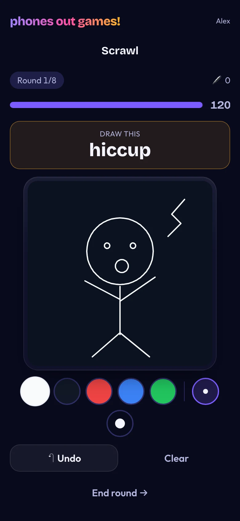 Scrawl's drawing screen, with a stick figure illustrating the prompt hiccup and a row of pen colours.