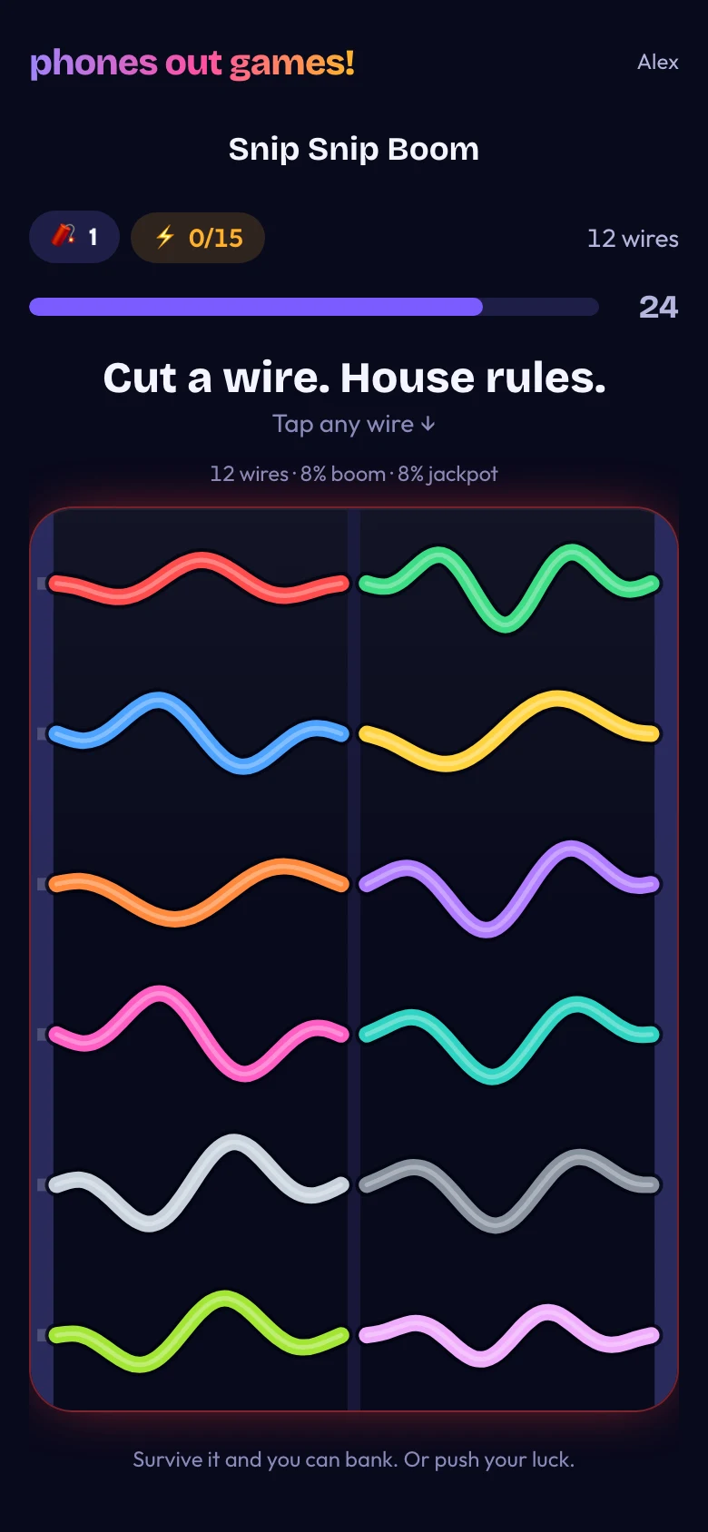 Snip Snip Boom on a phone, with twelve coloured wires to choose from and a countdown timer.