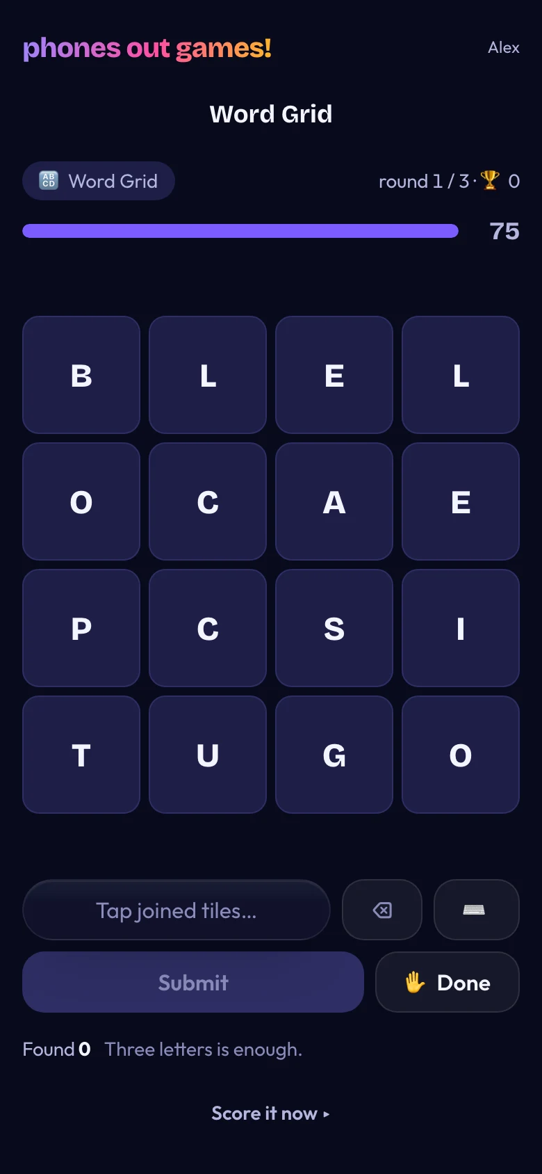 Word Grid on a phone, showing sixteen letter tiles and 75 seconds left on the clock.